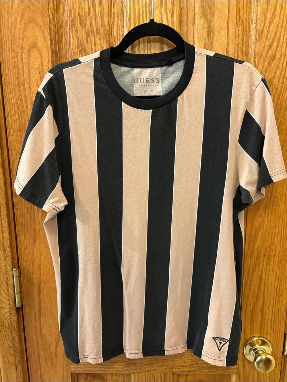 GUESS Unisex Black and Beige Vertical Stripe Short Sleeve Tee